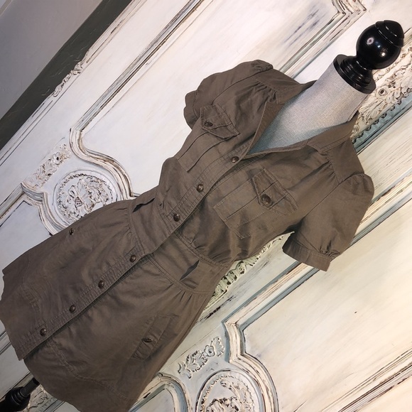 Silence & Noise Khaki Cotton Linen Blend Short Sleeve Button Down Safari Dress - Picture 3 of 13